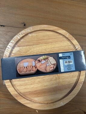 The Spring Shop Natural Wood Round Cheese Board with Cutlery Set